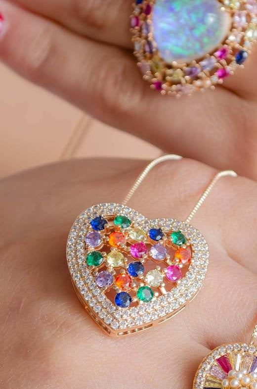 Paved Heart Necklace with Colorful Details