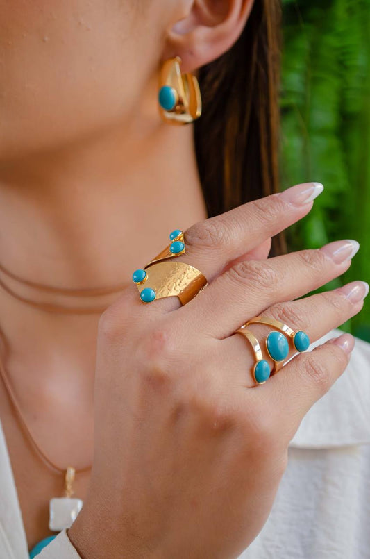 Thick Band Adjustable Ring with 3 Oval Turquoise Stones