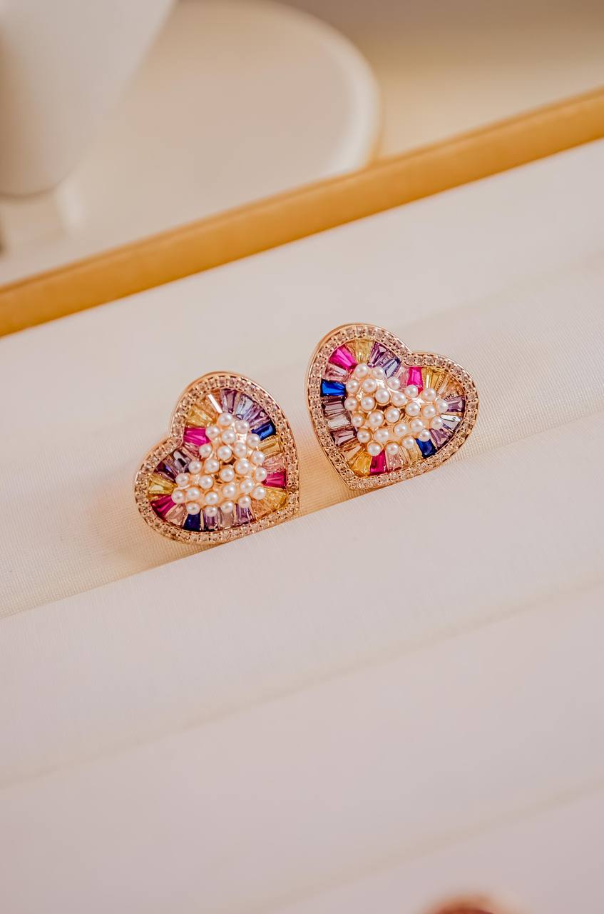 Mini Heart Earrings with Pearls and Zirconia Border