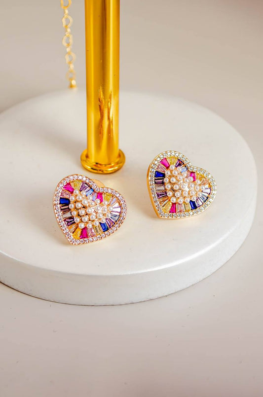 Mini Heart Earrings with Pearls and Zirconia Border
