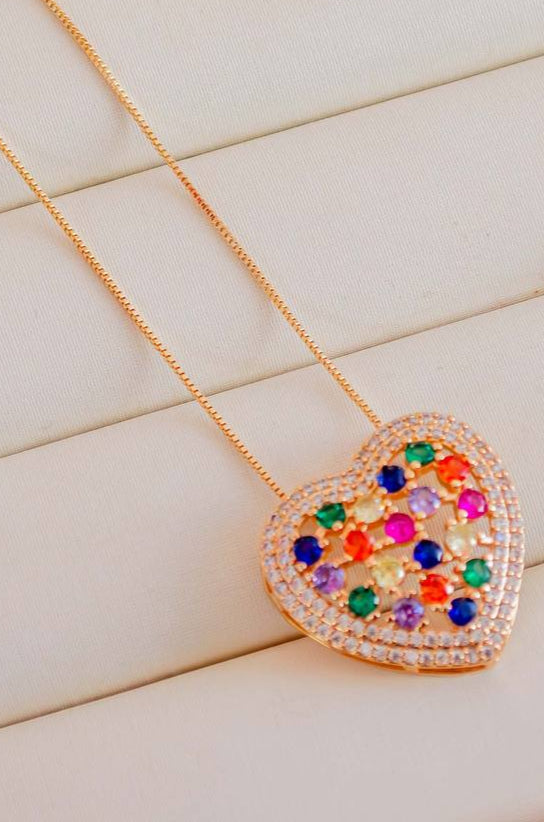 Paved Heart Necklace with Colorful Details